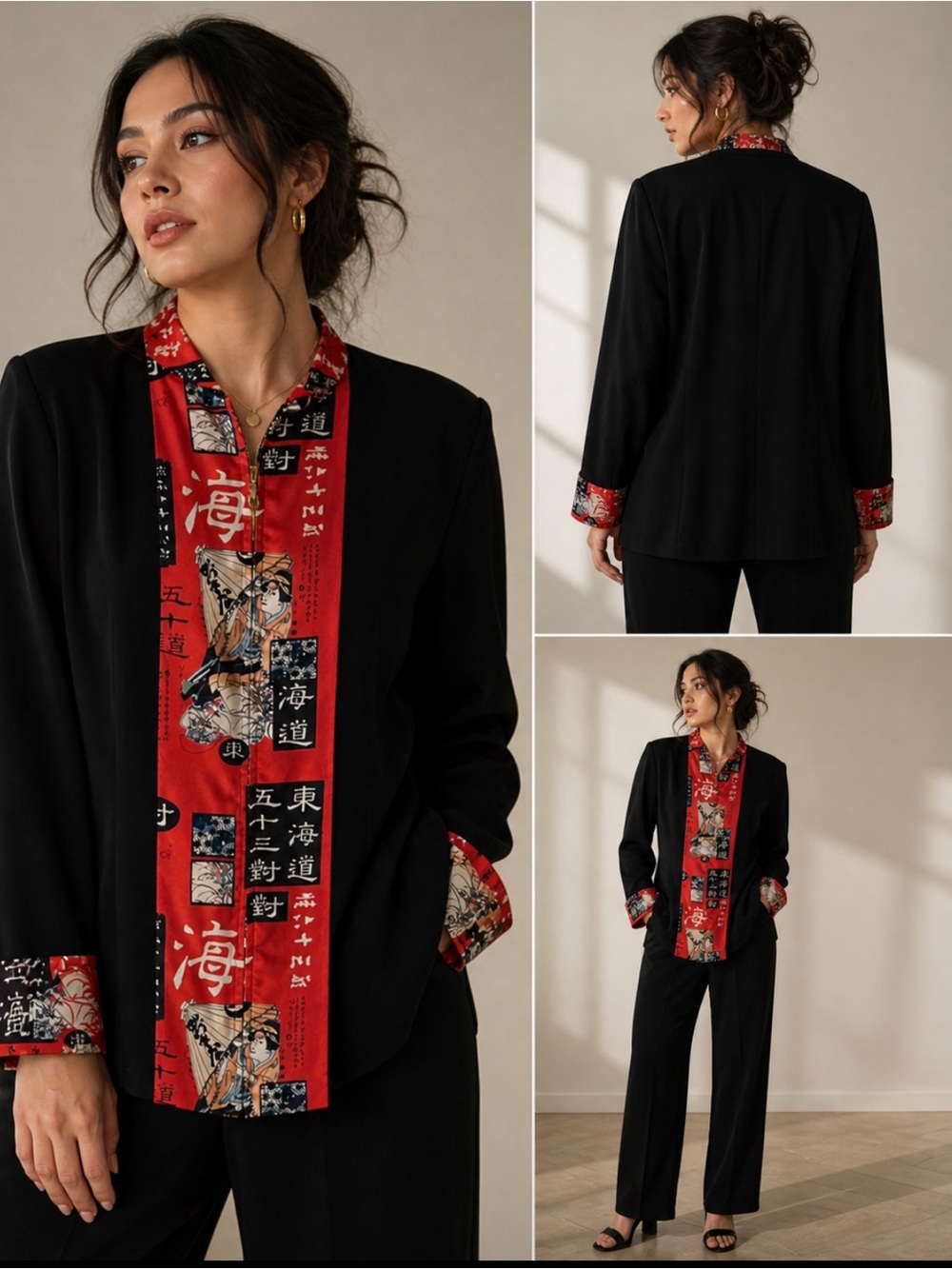 100% silk collar and wrist with Asian print Black and Red Women's Jacket